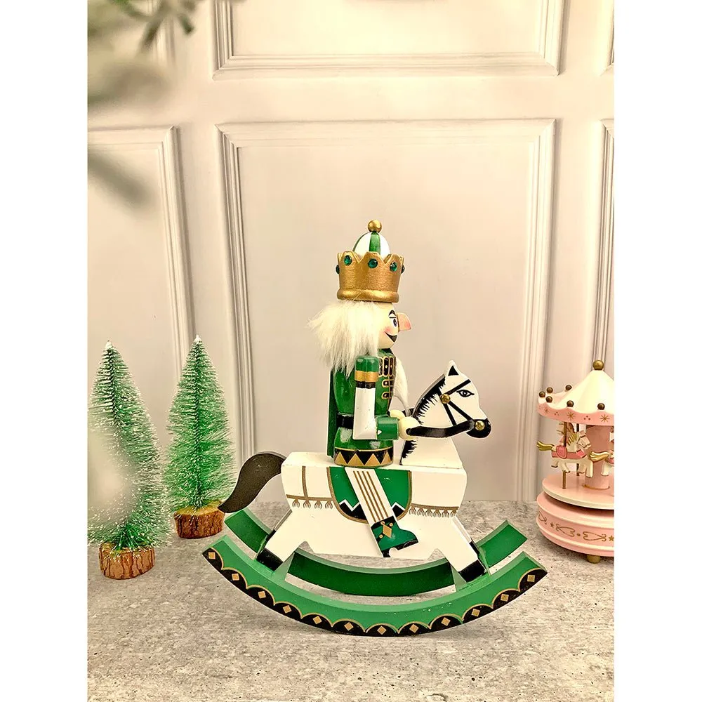 12 inches wooden Green Rocking Horse King Nutcracker self standing Christmas Table Decor