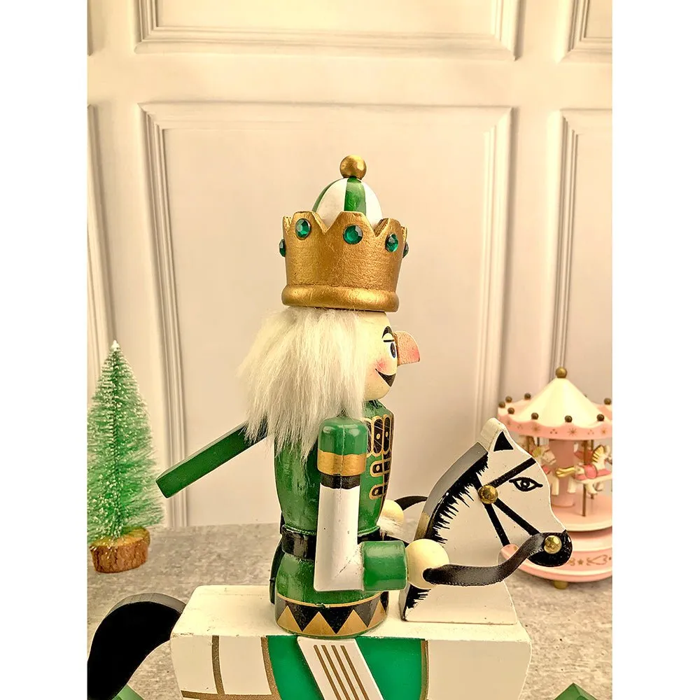 12 inches wooden Green Rocking Horse King Nutcracker self standing Christmas Table Decor