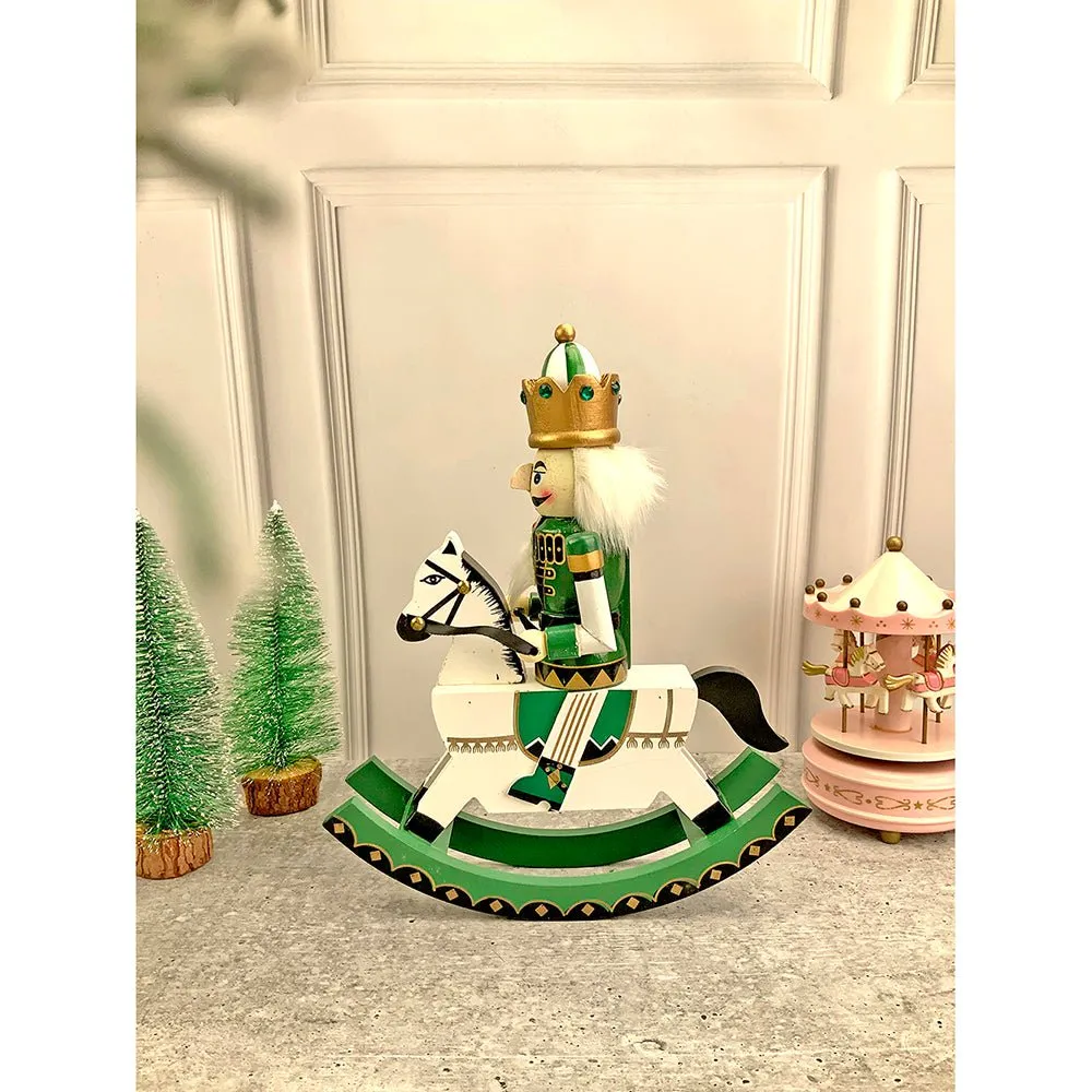 12 inches wooden Green Rocking Horse King Nutcracker self standing Christmas Table Decor