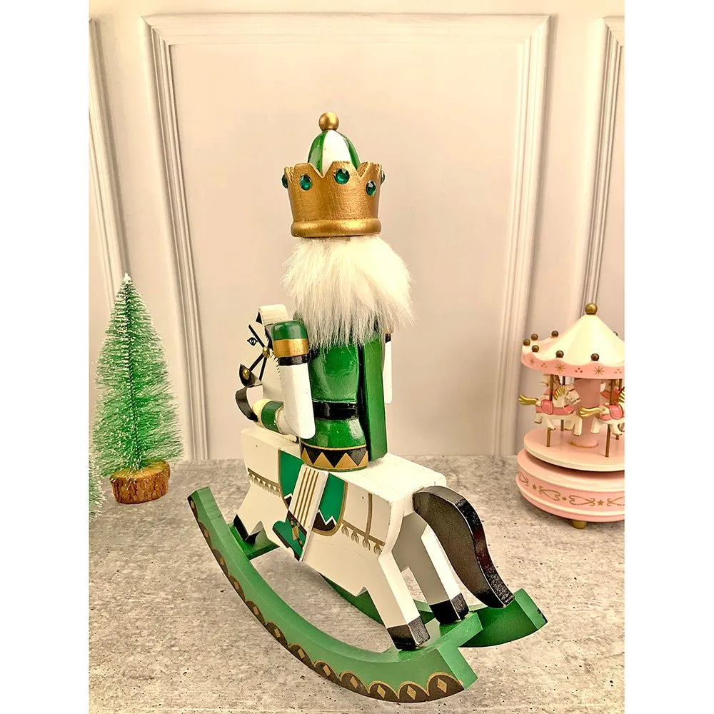 12 inches wooden Green Rocking Horse King Nutcracker self standing Christmas Table Decor