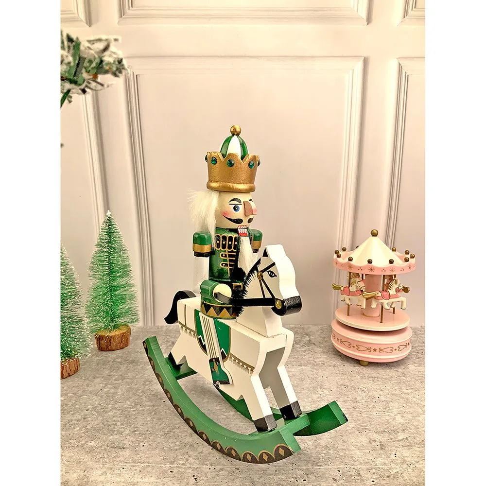 12 inches wooden Green Rocking Horse King Nutcracker self standing Christmas Table Decor
