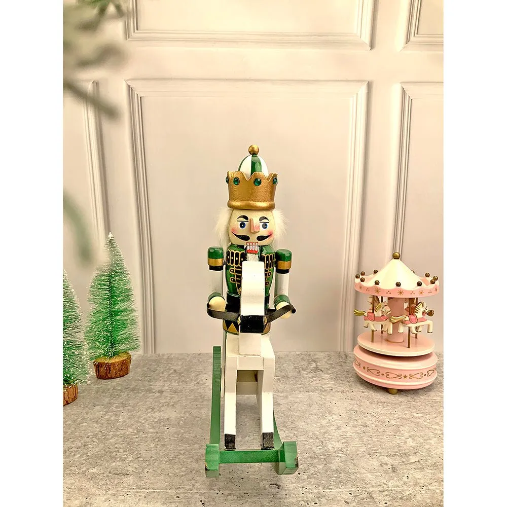 12 inches wooden Green Rocking Horse King Nutcracker self standing Christmas Table Decor