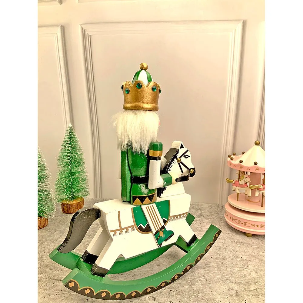 12 inches wooden Green Rocking Horse King Nutcracker self standing Christmas Table Decor