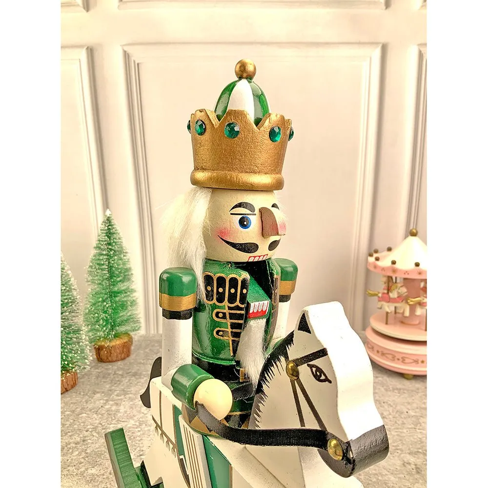 12 inches wooden Green Rocking Horse King Nutcracker self standing Christmas Table Decor
