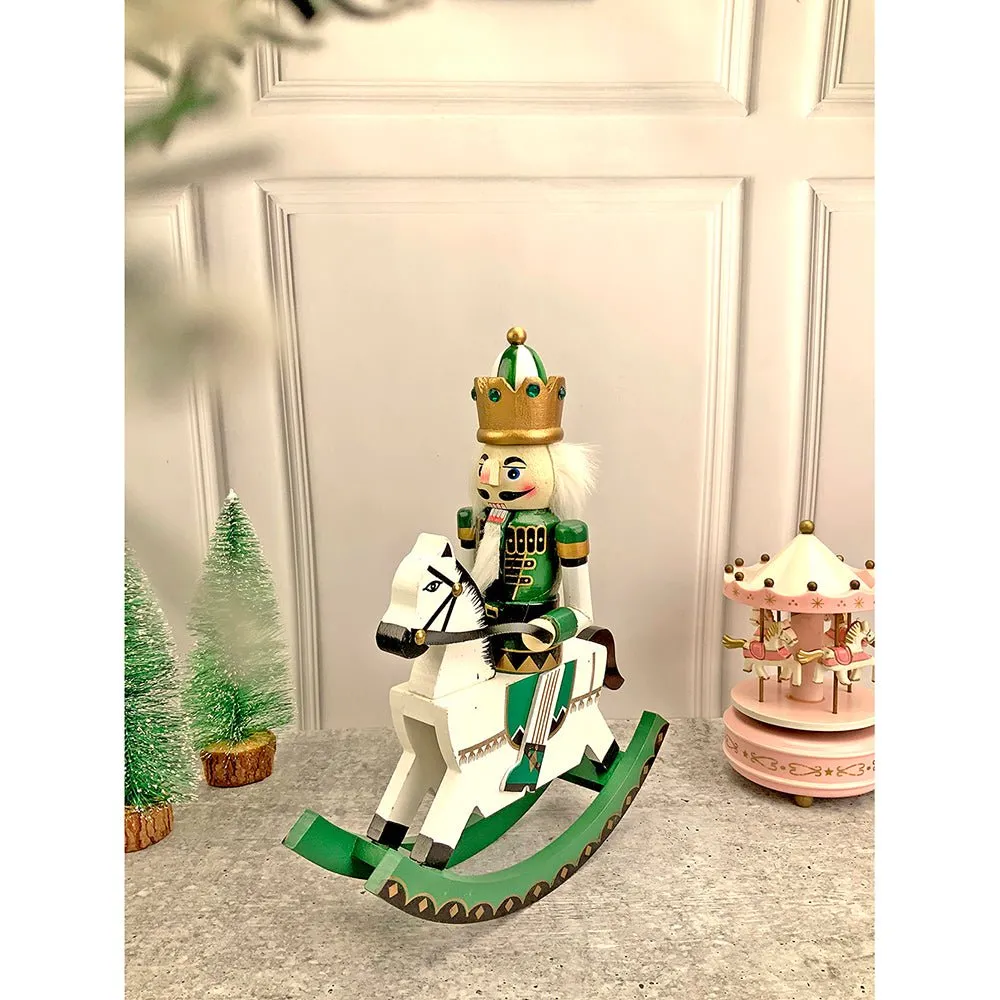12 inches wooden Green Rocking Horse King Nutcracker self standing Christmas Table Decor