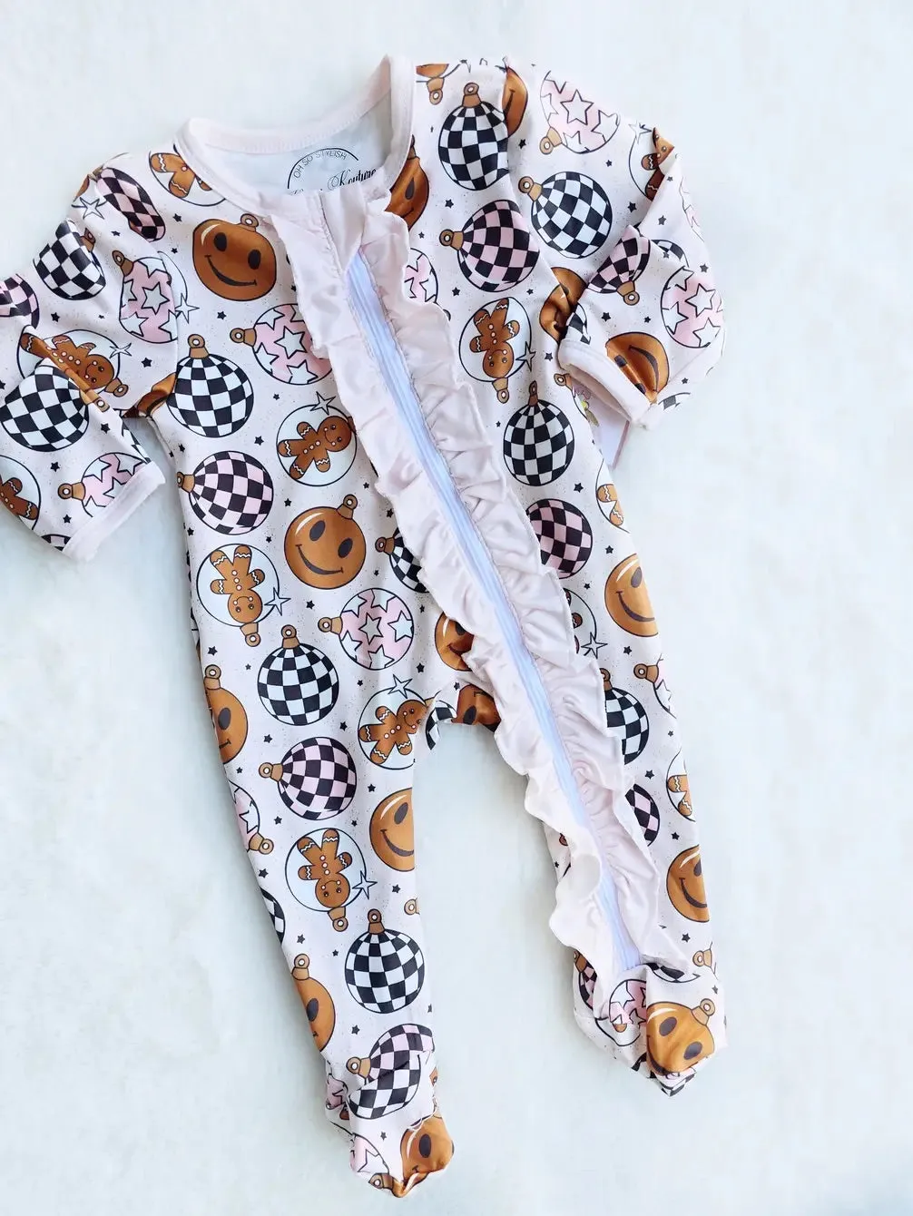 $16.00 EA - 0-3M X 1, 3-6M X 2, 6-12M X 2, 12-24M X 2  - Christmas Zippies Sleepers - Pink Ginger Check Balls