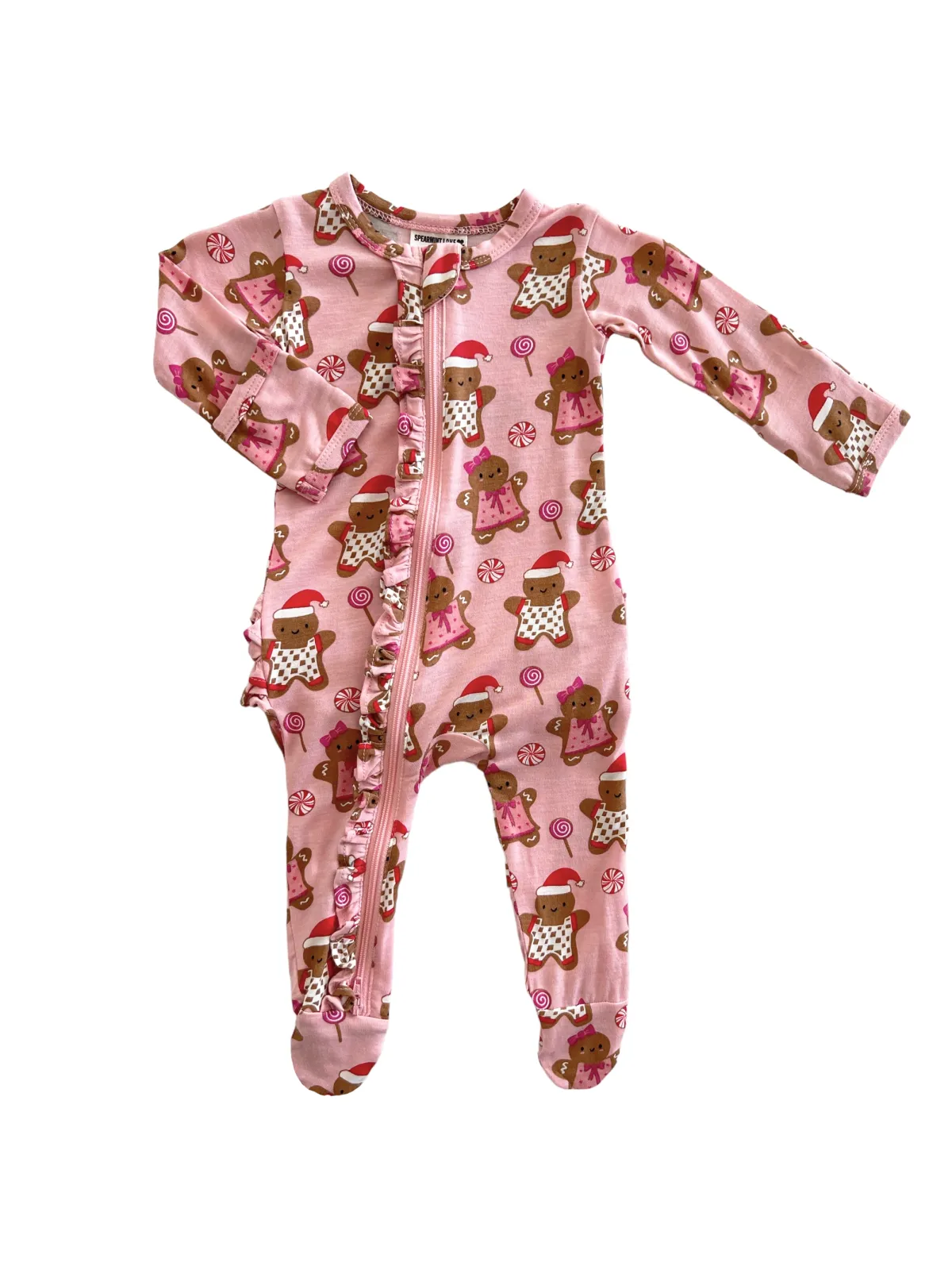 2-Way Ruffle Zip Footie, Gingerbread Friends Pink