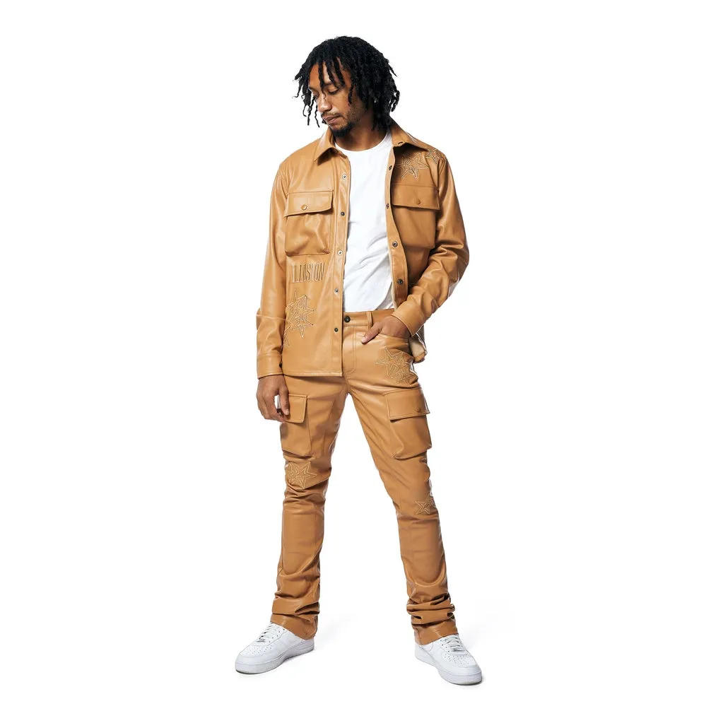 3D Embroidered & Patched Vegan Leather Overshirt - Tan