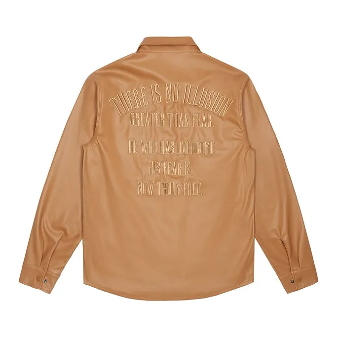 3D Embroidered & Patched Vegan Leather Overshirt - Tan
