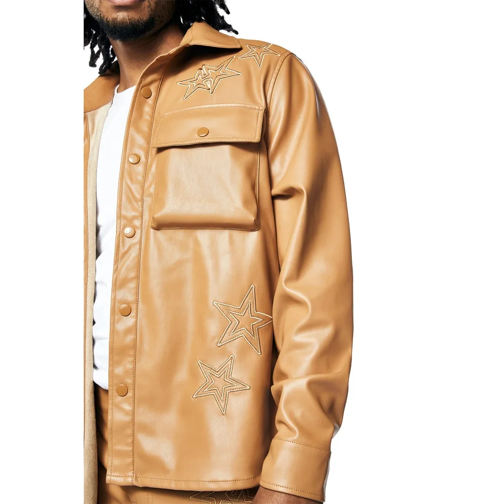 3D Embroidered & Patched Vegan Leather Overshirt - Tan