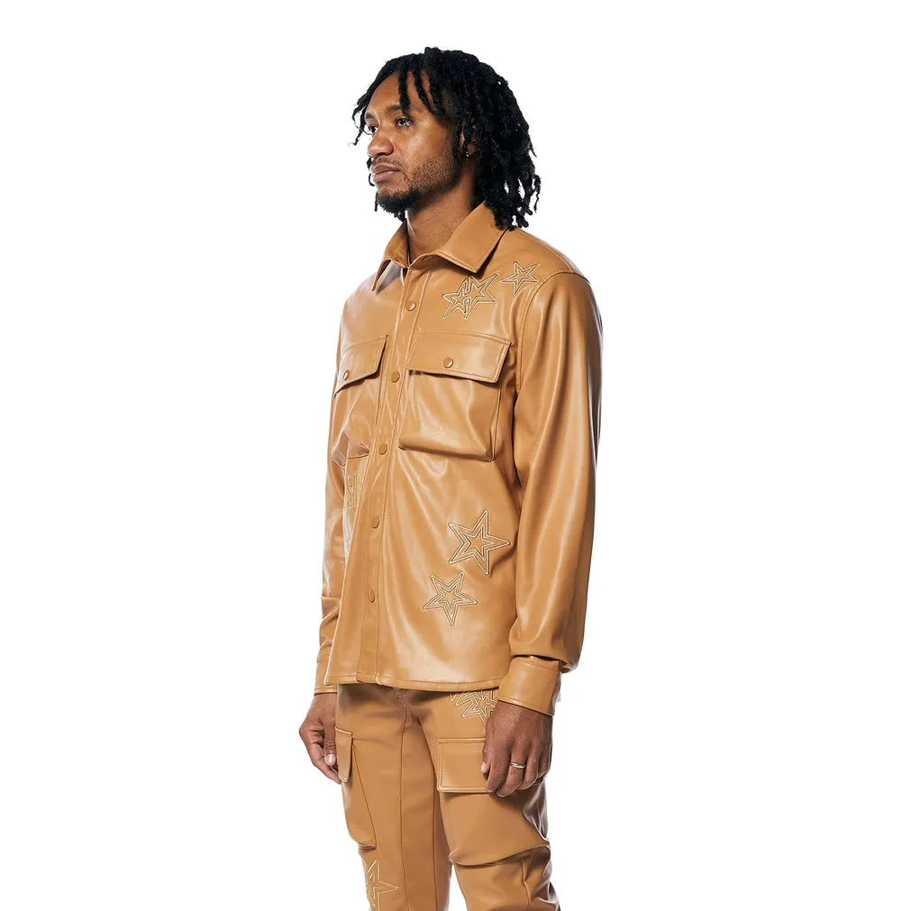 3D Embroidered & Patched Vegan Leather Overshirt - Tan