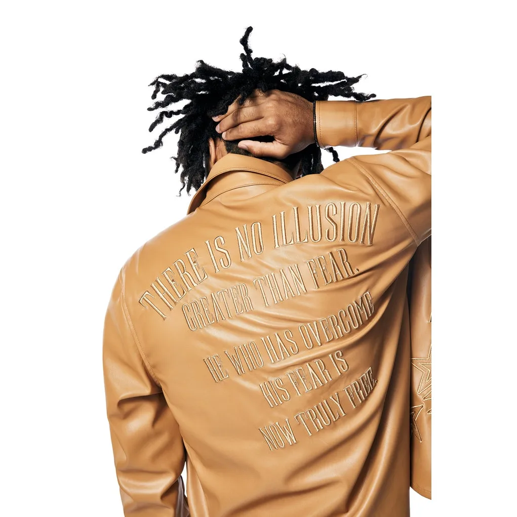 3D Embroidered & Patched Vegan Leather Overshirt - Tan