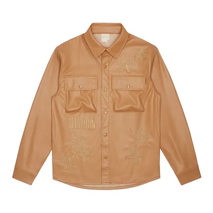 3D Embroidered & Patched Vegan Leather Overshirt - Tan