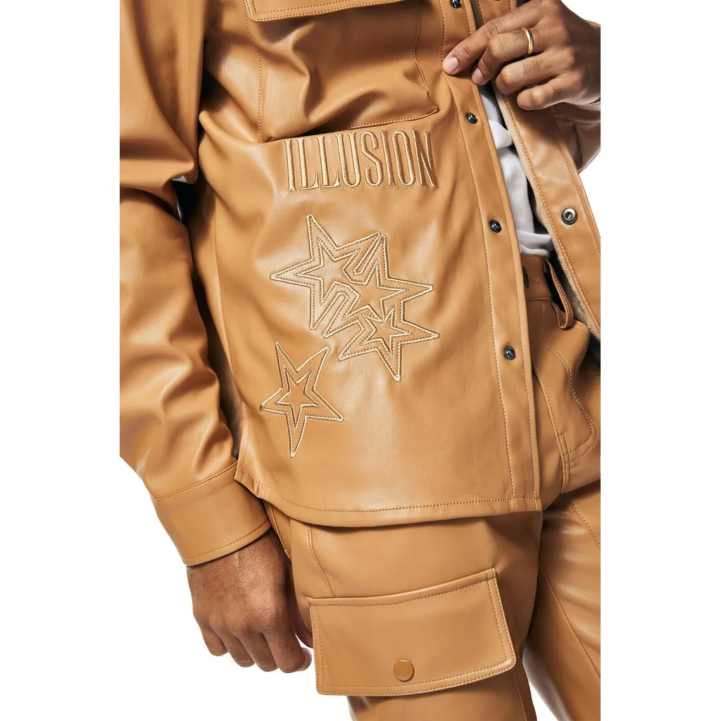 3D Embroidered & Patched Vegan Leather Overshirt - Tan