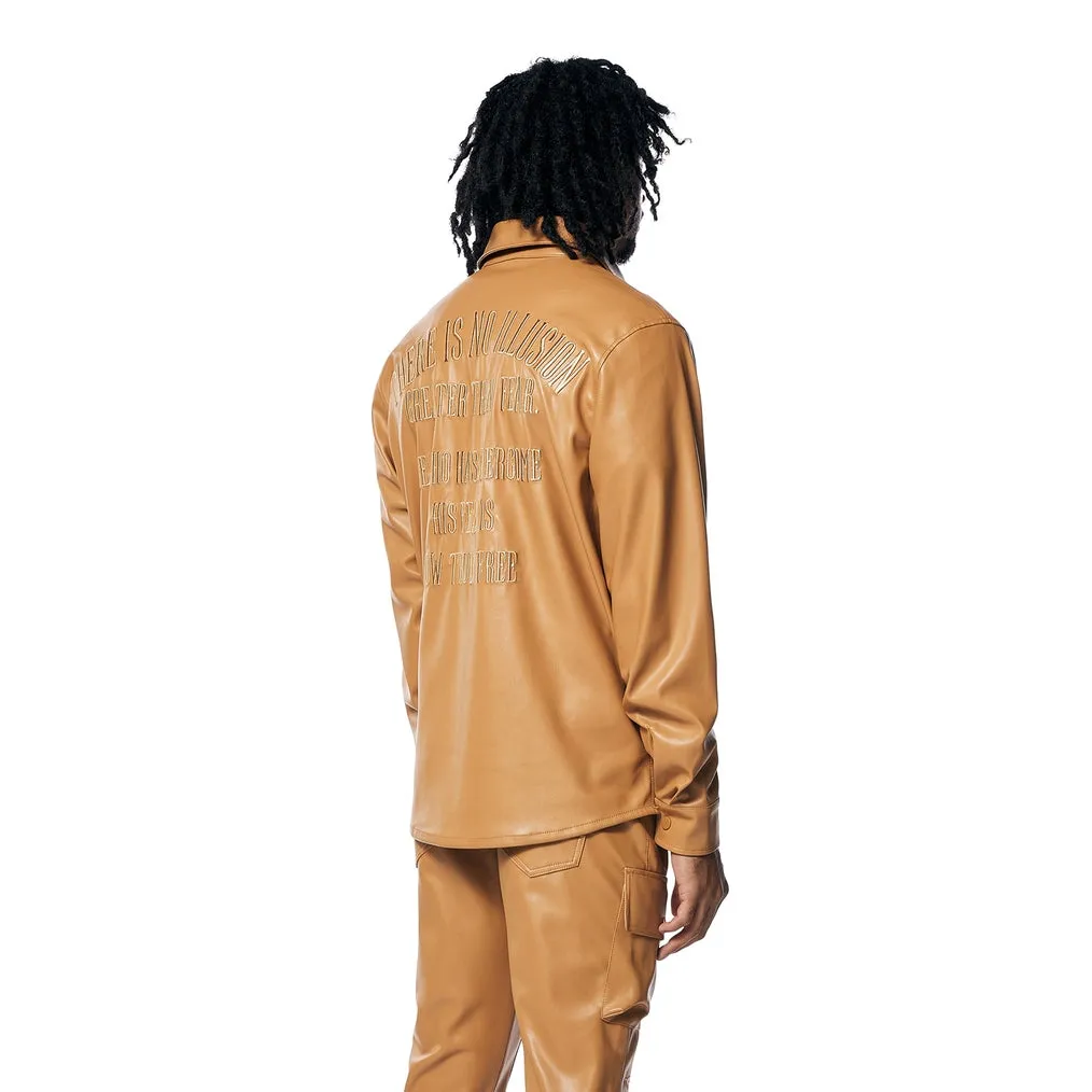 3D Embroidered & Patched Vegan Leather Overshirt - Tan