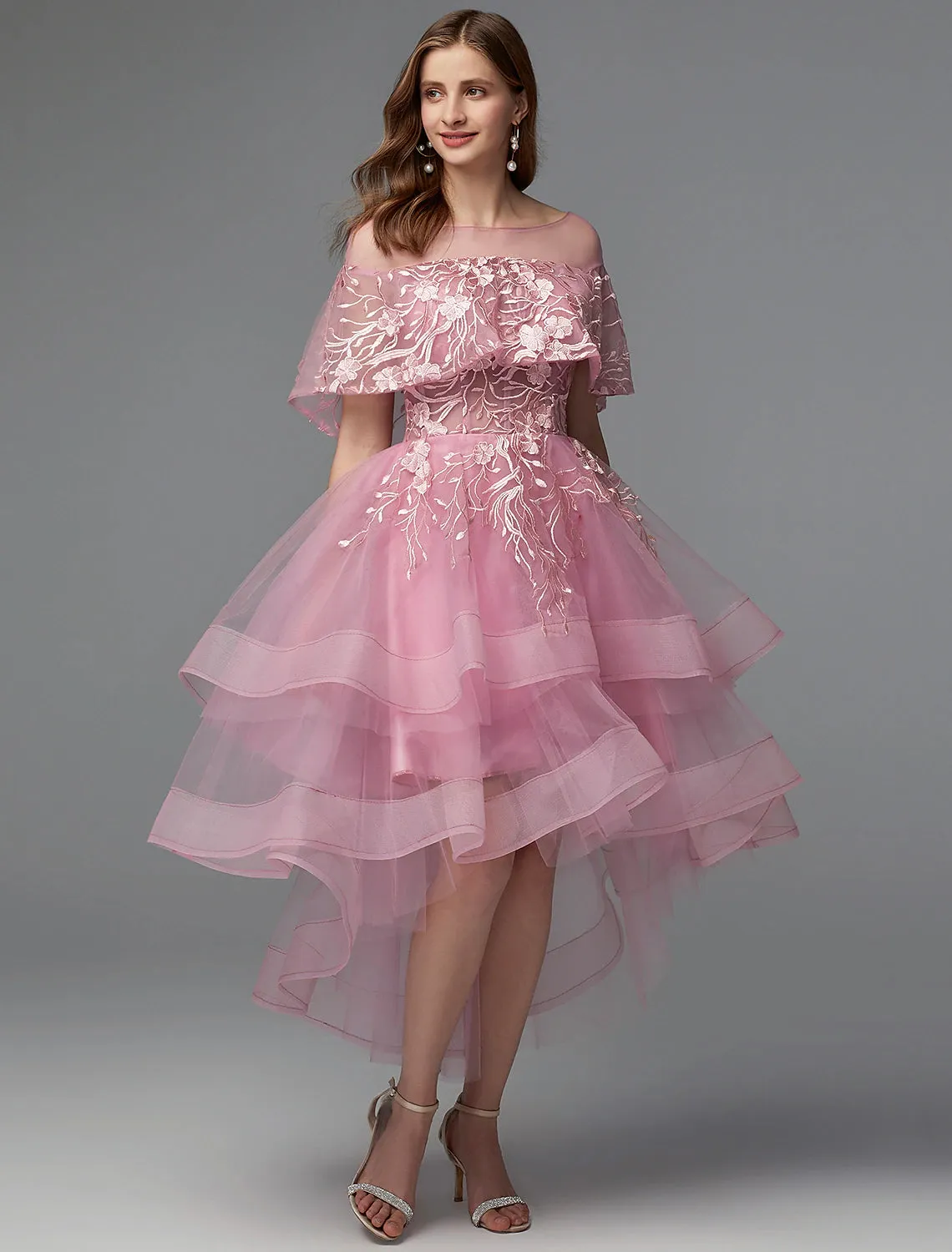 A-Line Elegant Dress Holiday Wedding Guest Asymmetrical Sleeveless Illusion Neck Lace Tie Back with Lace Insert