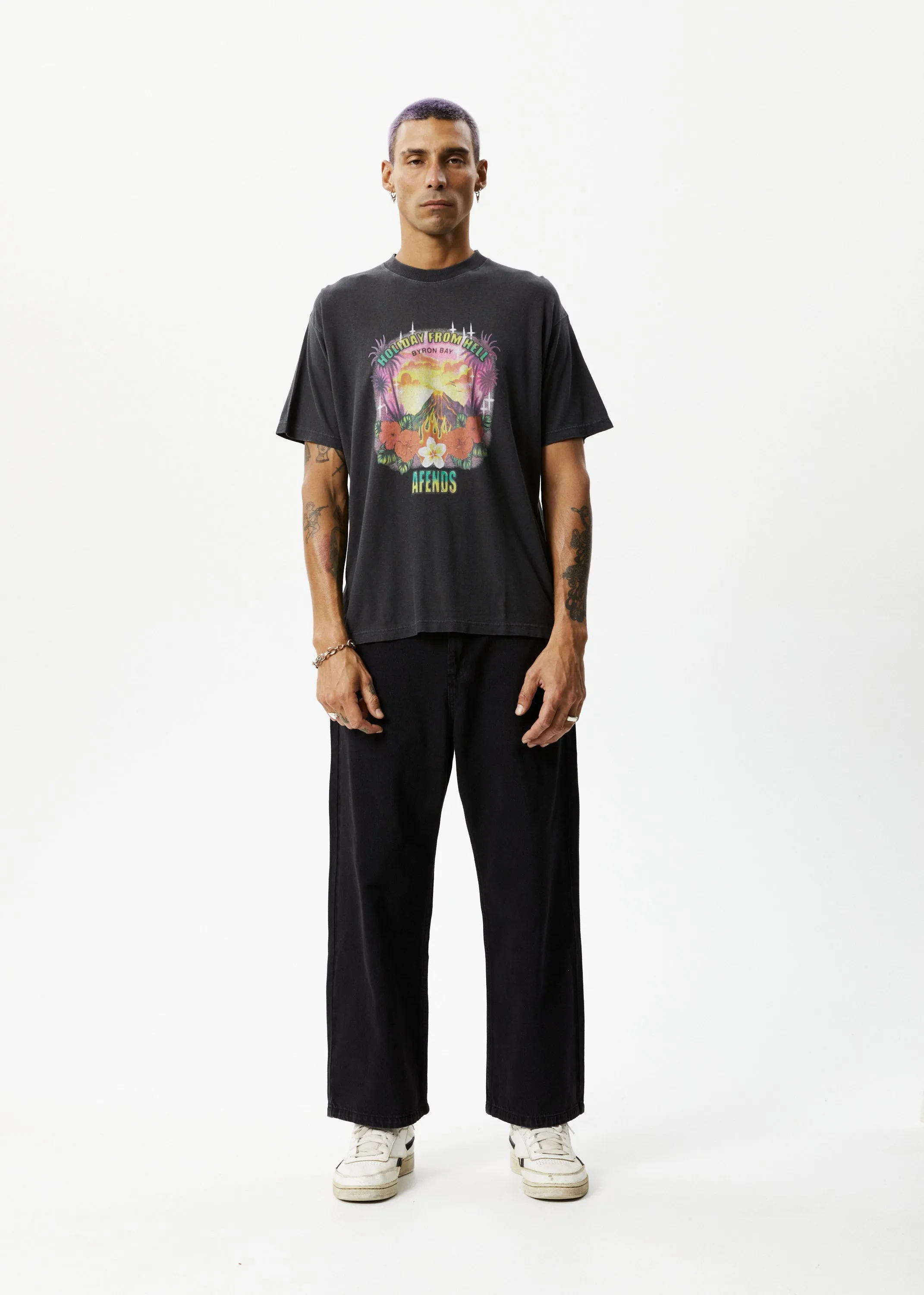 AFENDS Mens Holiday - Graphic Boxy T-Shirt - Stone Black