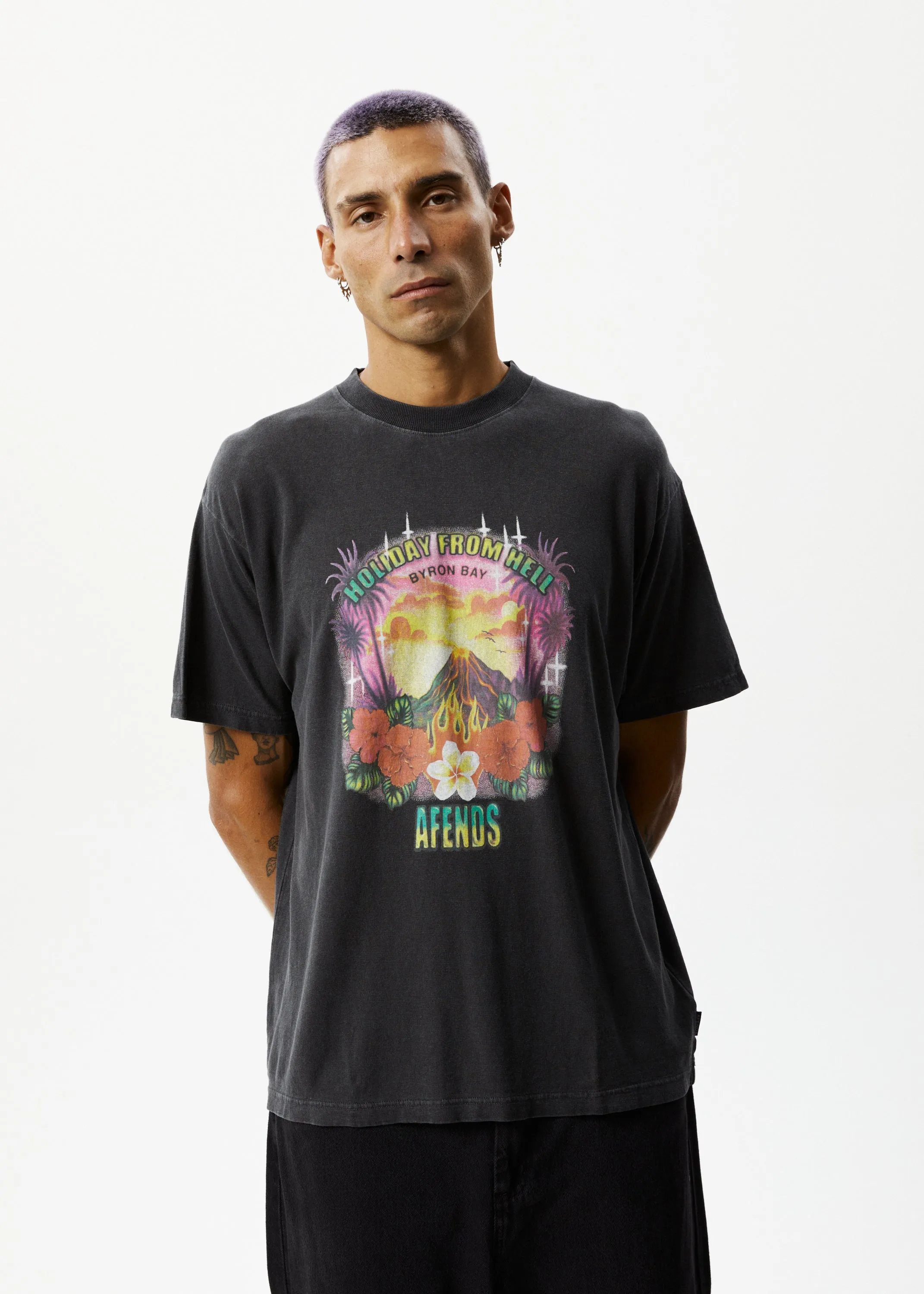 AFENDS Mens Holiday - Graphic Boxy T-Shirt - Stone Black