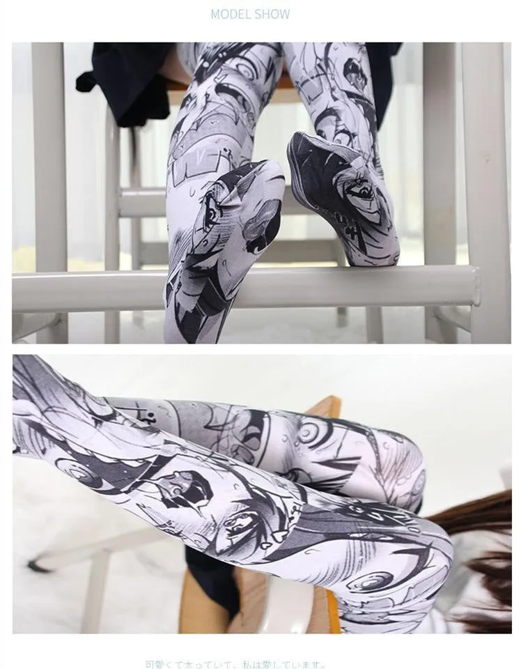 Expressive Anime Face Print Thigh-High Stockings
