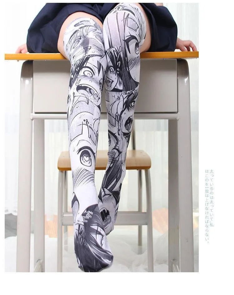 Expressive Anime Face Print Thigh-High Stockings