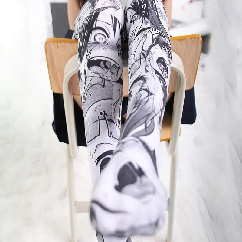 Expressive Anime Face Print Thigh-High Stockings
