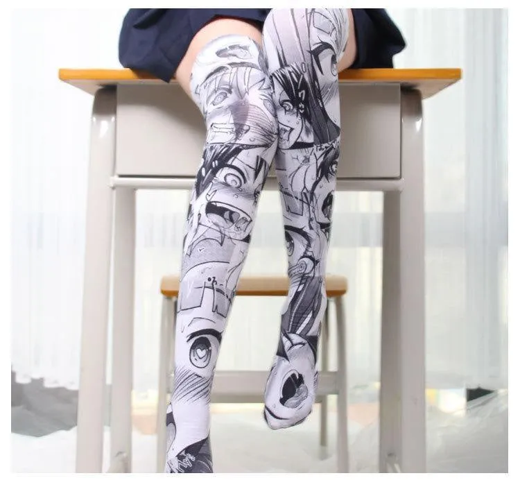 Expressive Anime Face Print Thigh-High Stockings