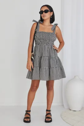 Arabella Black Gingham Shirred Tie Strappy Mini Dress