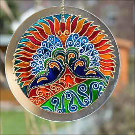 Art Nouveau Peacock Tail Sun Catcher in Red & Gold