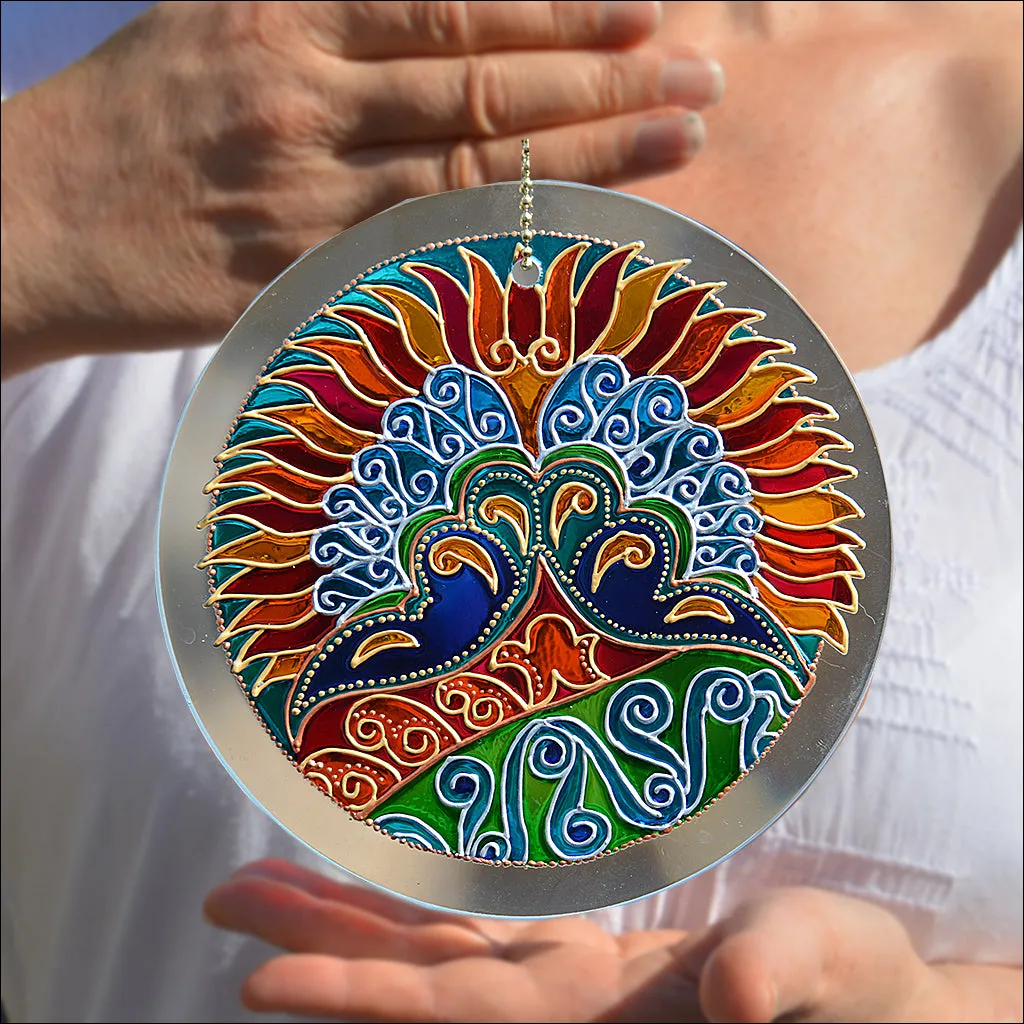 Art Nouveau Peacock Tail Sun Catcher in Red & Gold