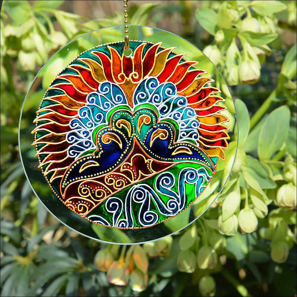 Art Nouveau Peacock Tail Sun Catcher in Red & Gold