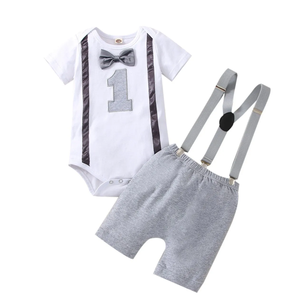 Babymoon 1st Birthday Cake Smash Outfit |Romper & Suspender Costume | 1 Yr - Grey