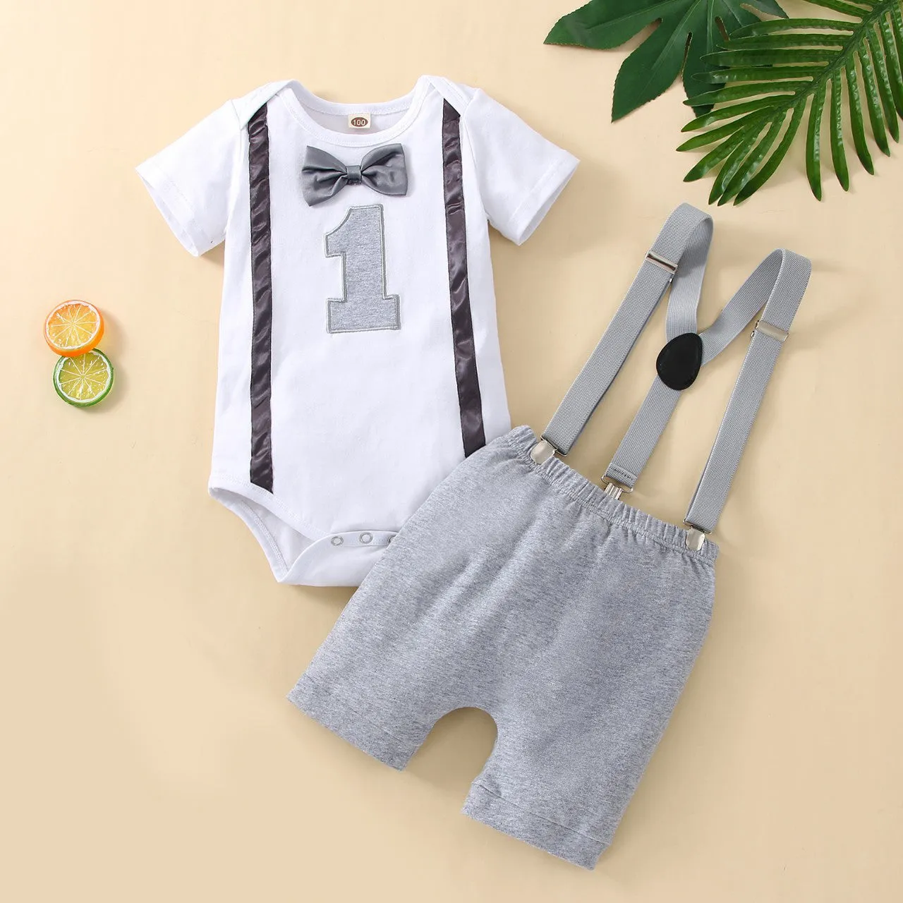 Babymoon 1st Birthday Cake Smash Outfit |Romper & Suspender Costume | 1 Yr - Grey