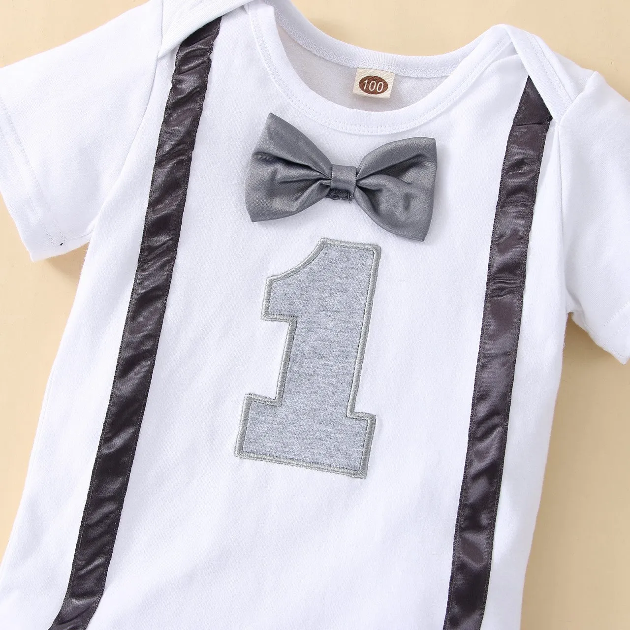 Babymoon 1st Birthday Cake Smash Outfit |Romper & Suspender Costume | 1 Yr - Grey