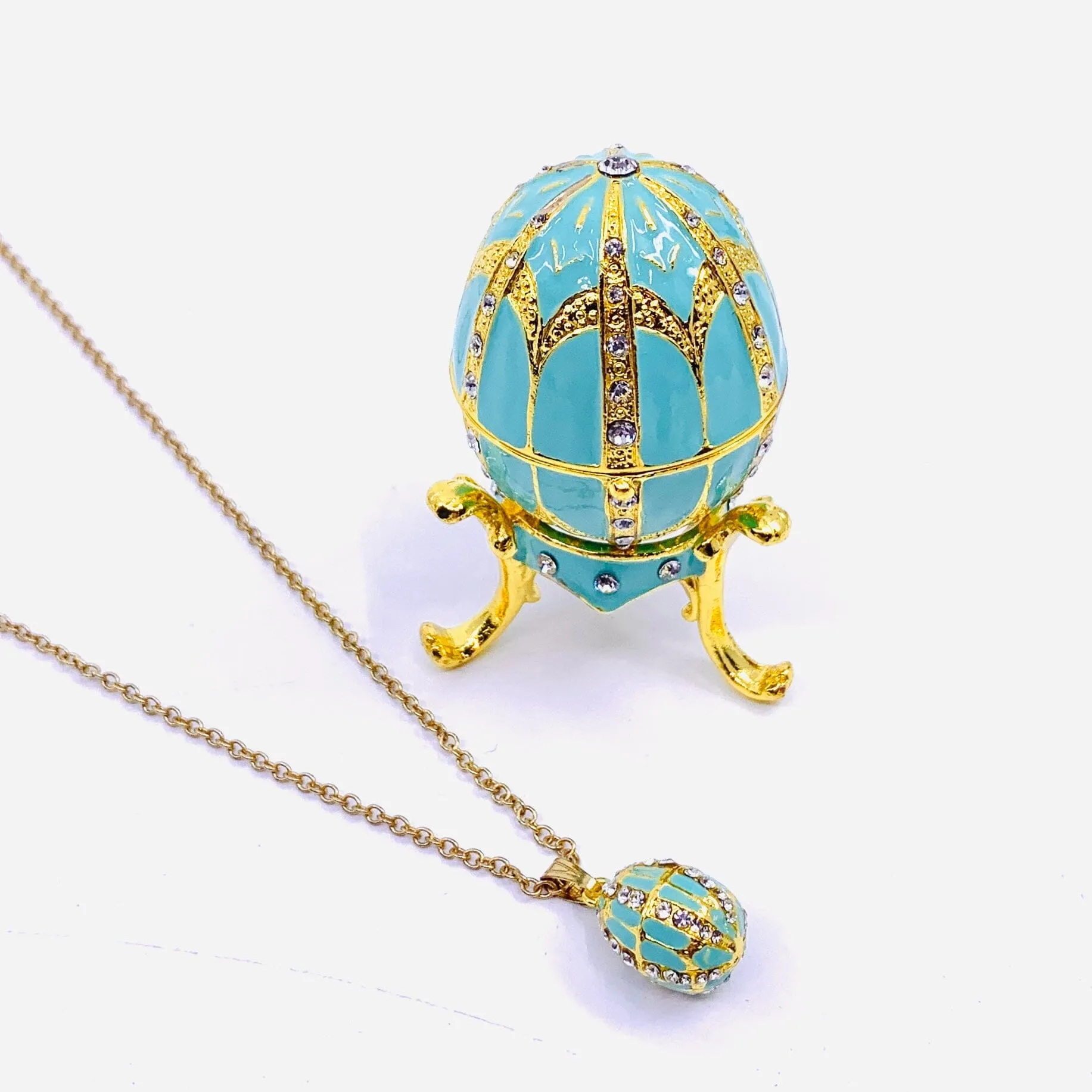Bejeweled Enamel Trinket Box and Pendant 25, Turquoise Faberge Style Egg