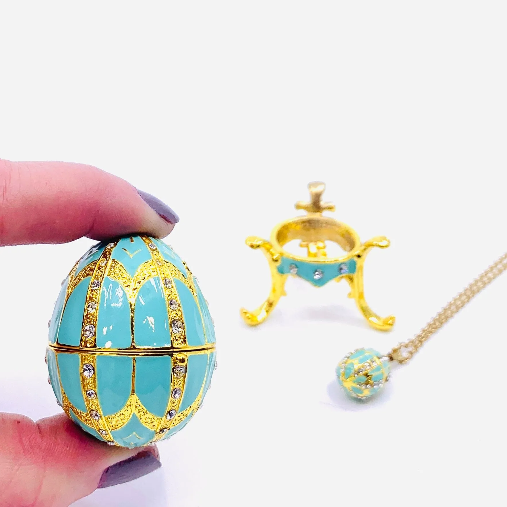 Bejeweled Enamel Trinket Box and Pendant 25, Turquoise Faberge Style Egg