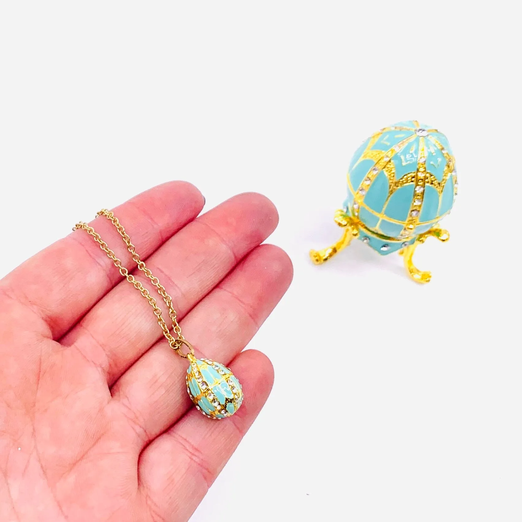 Bejeweled Enamel Trinket Box and Pendant 25, Turquoise Faberge Style Egg