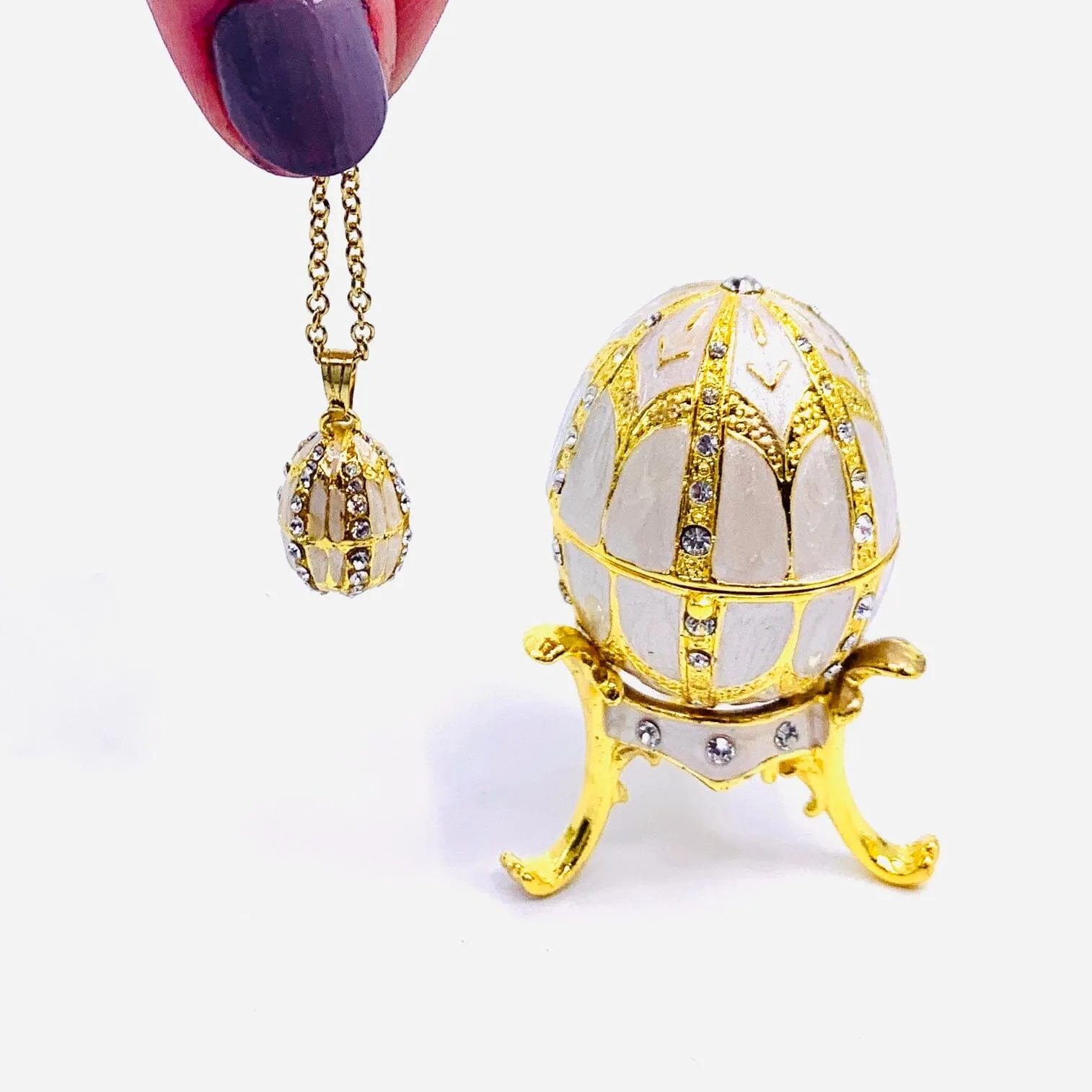 Bejeweled Enamel Trinket Box and Pendant 26, White Faberge Style Egg
