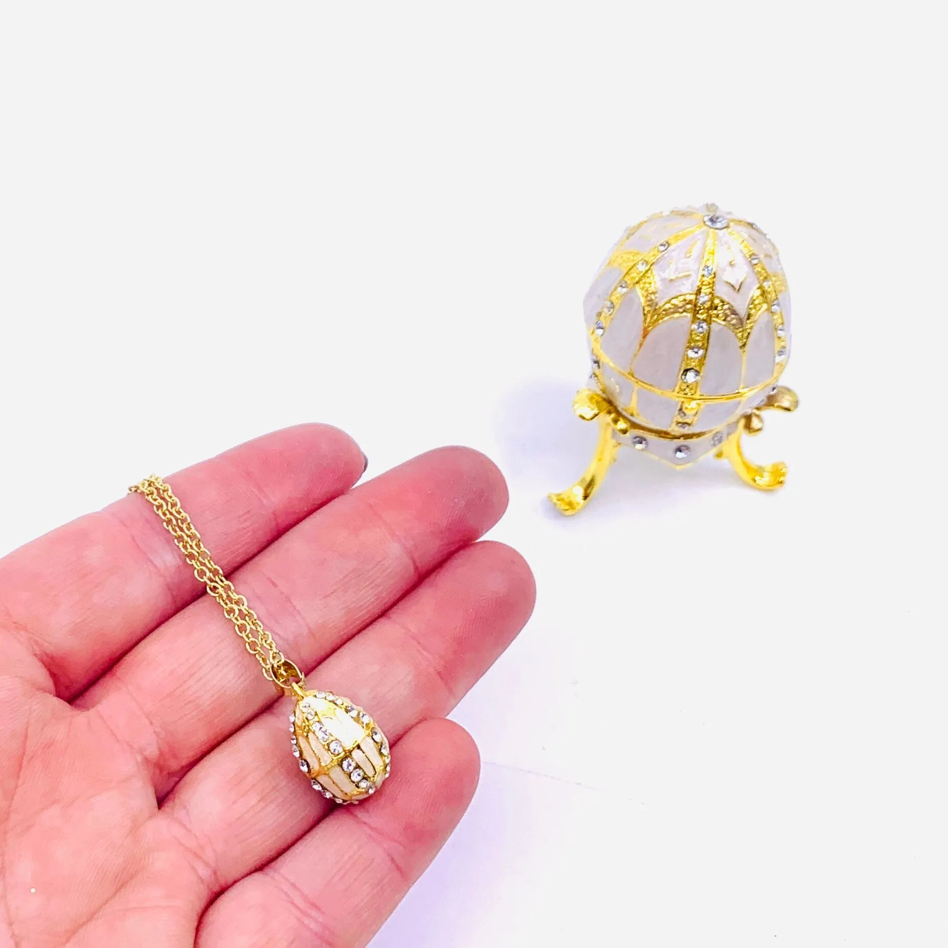 Bejeweled Enamel Trinket Box and Pendant 26, White Faberge Style Egg