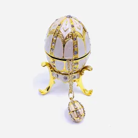 Bejeweled Enamel Trinket Box and Pendant 26, White Faberge Style Egg