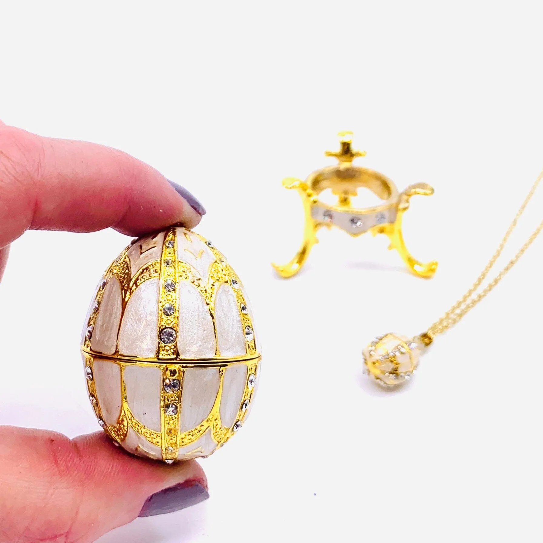 Bejeweled Enamel Trinket Box and Pendant 26, White Faberge Style Egg