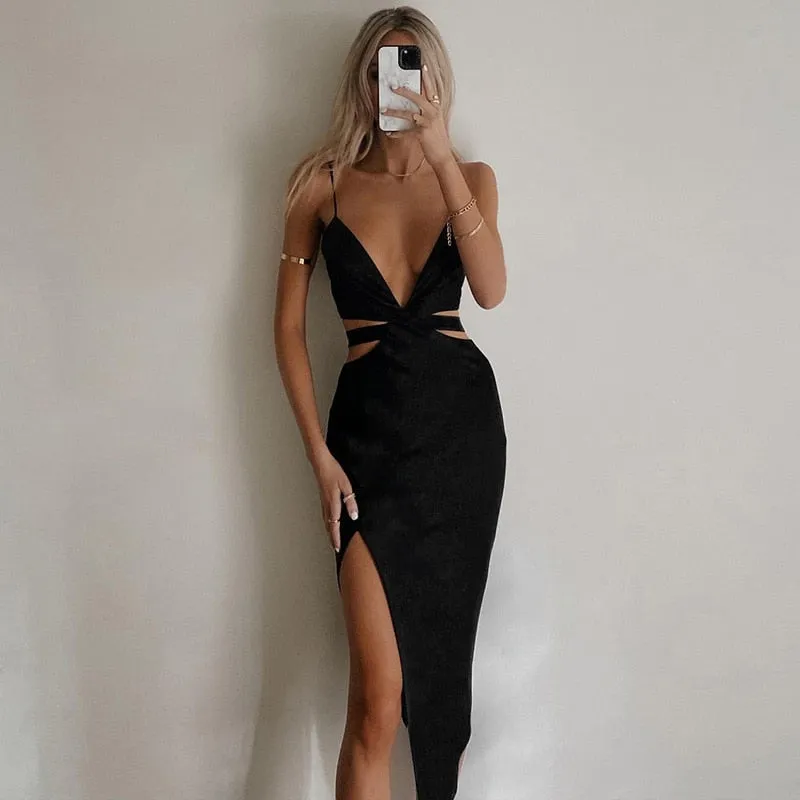 BerriesJam - 2024 V Neck Backless Cutout Club Party Midi Dress