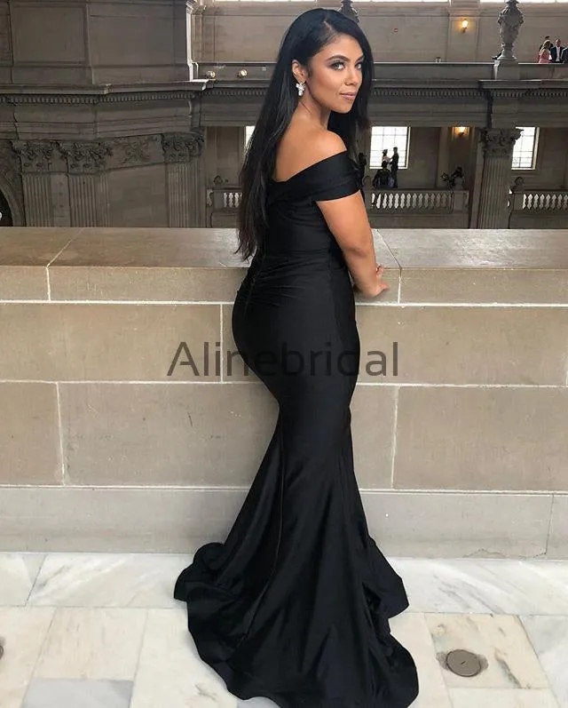 Elegant Black Off-Shoulder Mermaid Bridesmaid Dress - Simple Long Gown (Style AB4046)