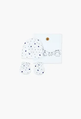 Boboli Baby Beanie & Mittens Set- White & Navy Crown Print