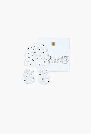 Boboli Baby Beanie & Mittens Set- White & Navy Crown Print