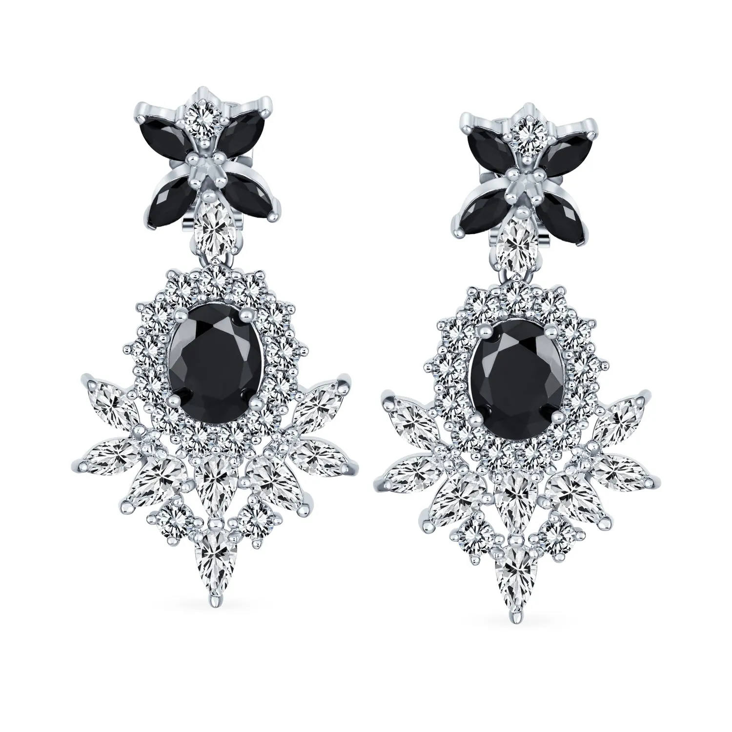 Bridal Flower Red Black AAA CZ Teardrop Chandelier Clip On Earrings