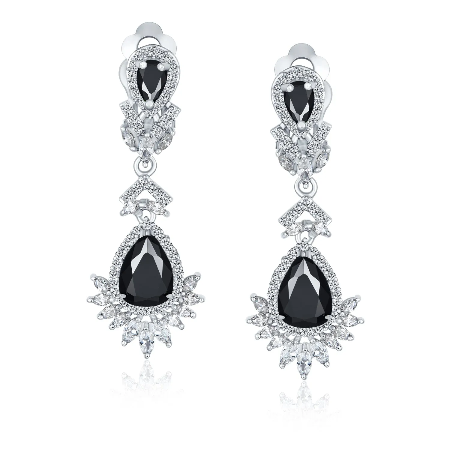 Bridal Flower Red Black AAA CZ Teardrop Chandelier Clip On Earrings