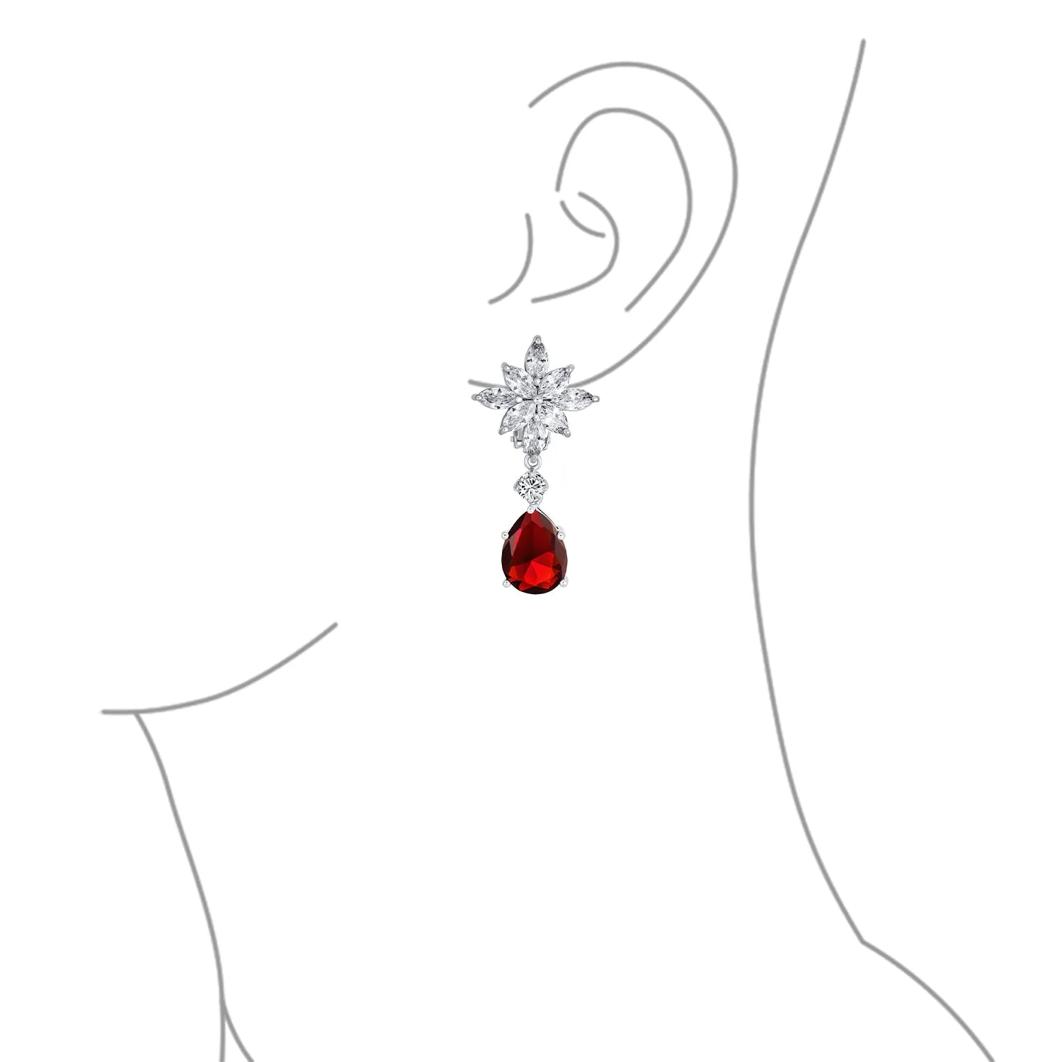 Bridal Flower Red Black AAA CZ Teardrop Chandelier Clip On Earrings