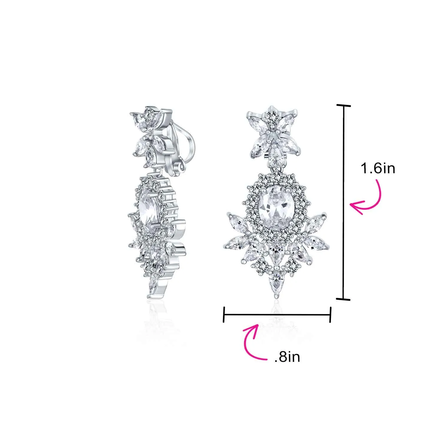 Bridal Flower Red Black AAA CZ Teardrop Chandelier Clip On Earrings
