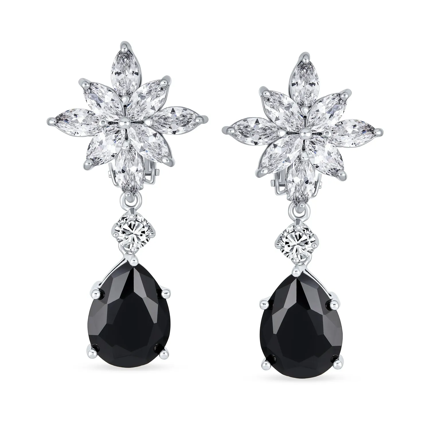 Bridal Flower Red Black AAA CZ Teardrop Chandelier Clip On Earrings