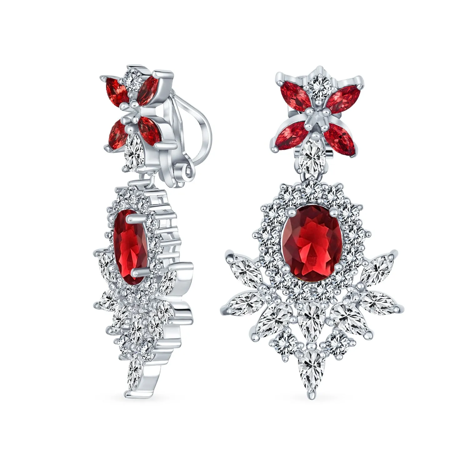 Bridal Flower Red Black AAA CZ Teardrop Chandelier Clip On Earrings